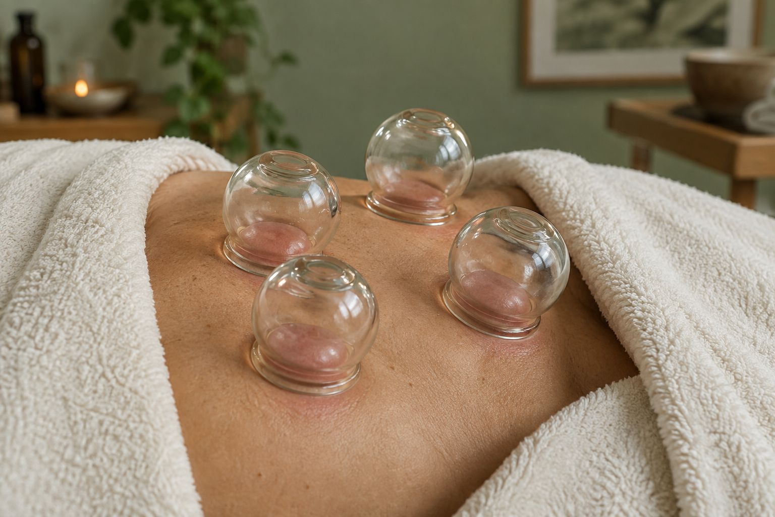 Glass cupping cups on a relaxed patient's back (illustration)