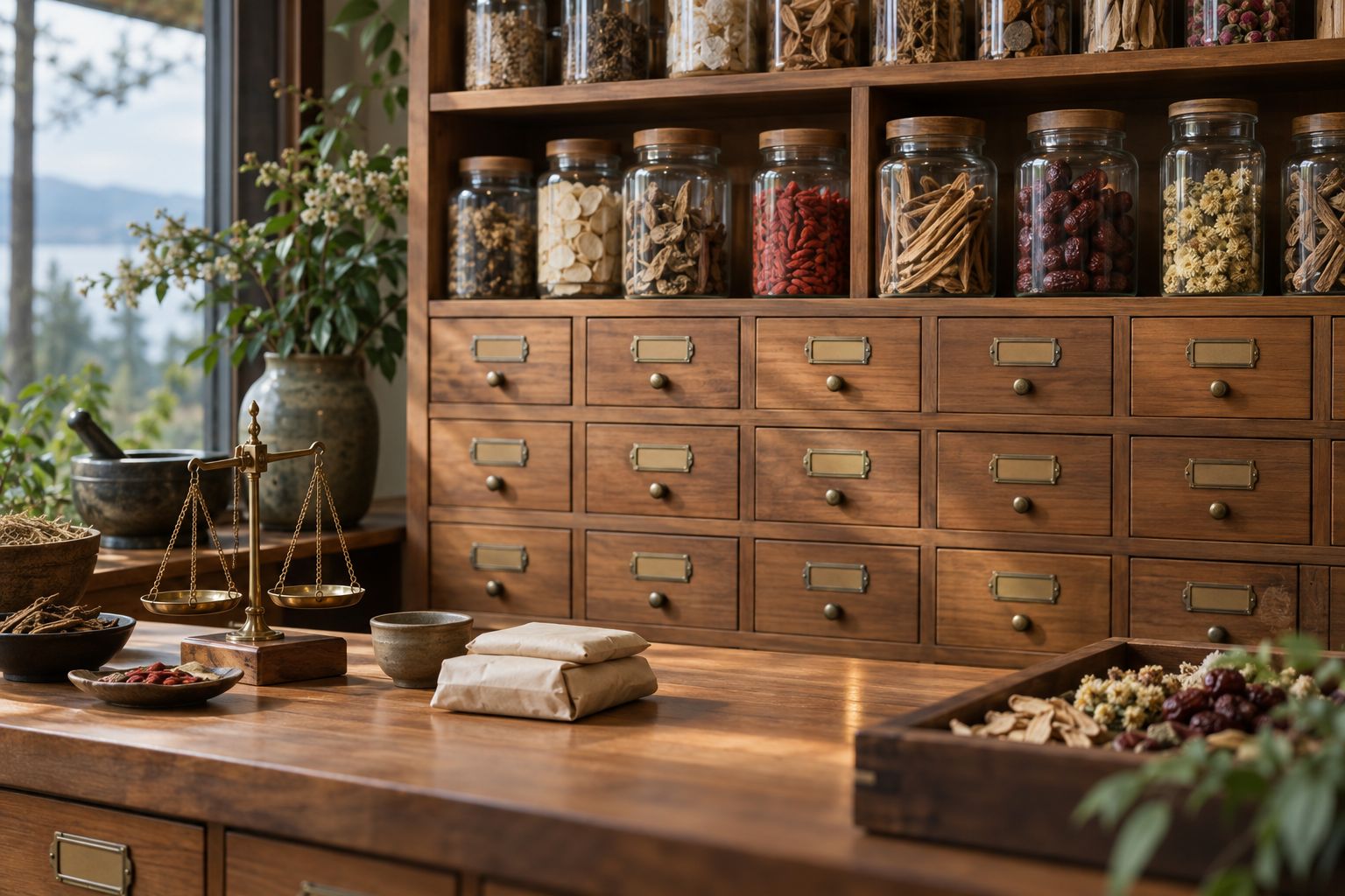A traditional Chinese herbal pharmacy with wooden drawers and jars of dried herbs (illustration)