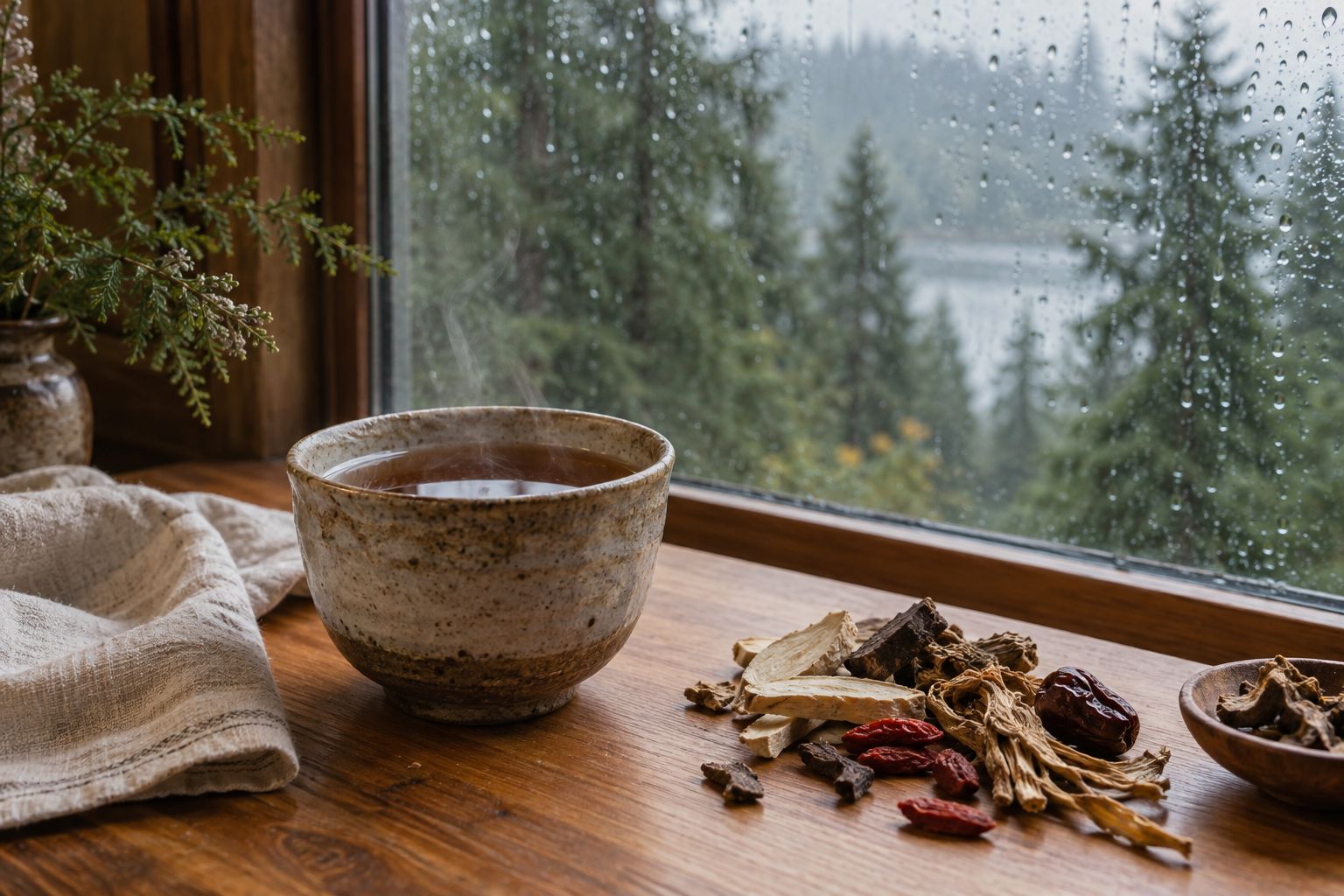 A ceramic cup of herbal tea by a rainy window (illustration)