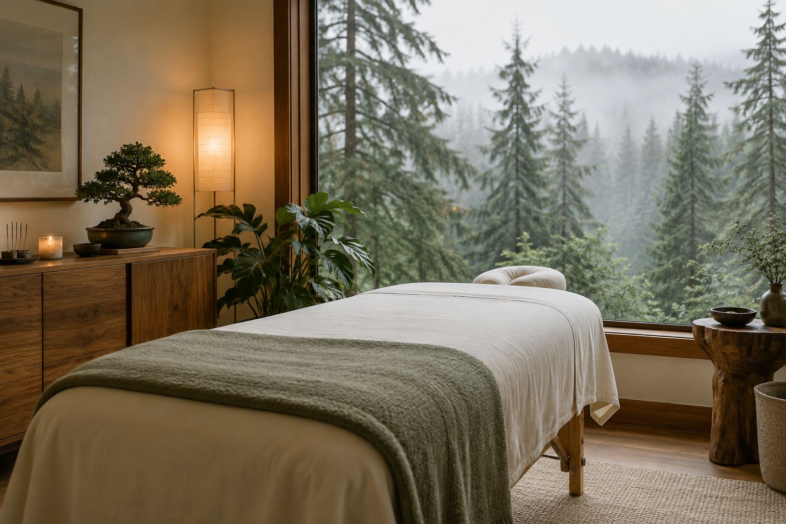 A calm treatment room with a linen-covered table and a window onto evergreen trees