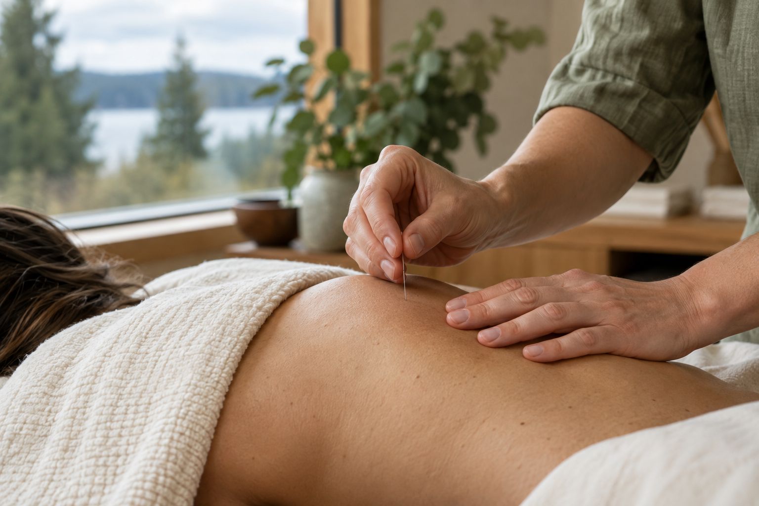 A practitioner gently placing a fine acupuncture needle in a relaxed patient's shoulder (illustration)