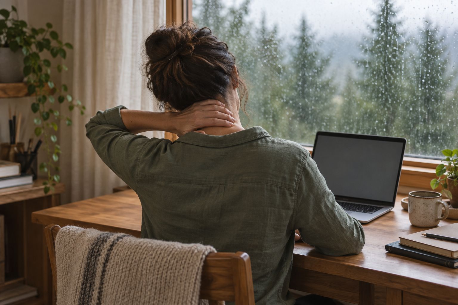 A person at a desk by a rainy window, rubbing the back of their neck